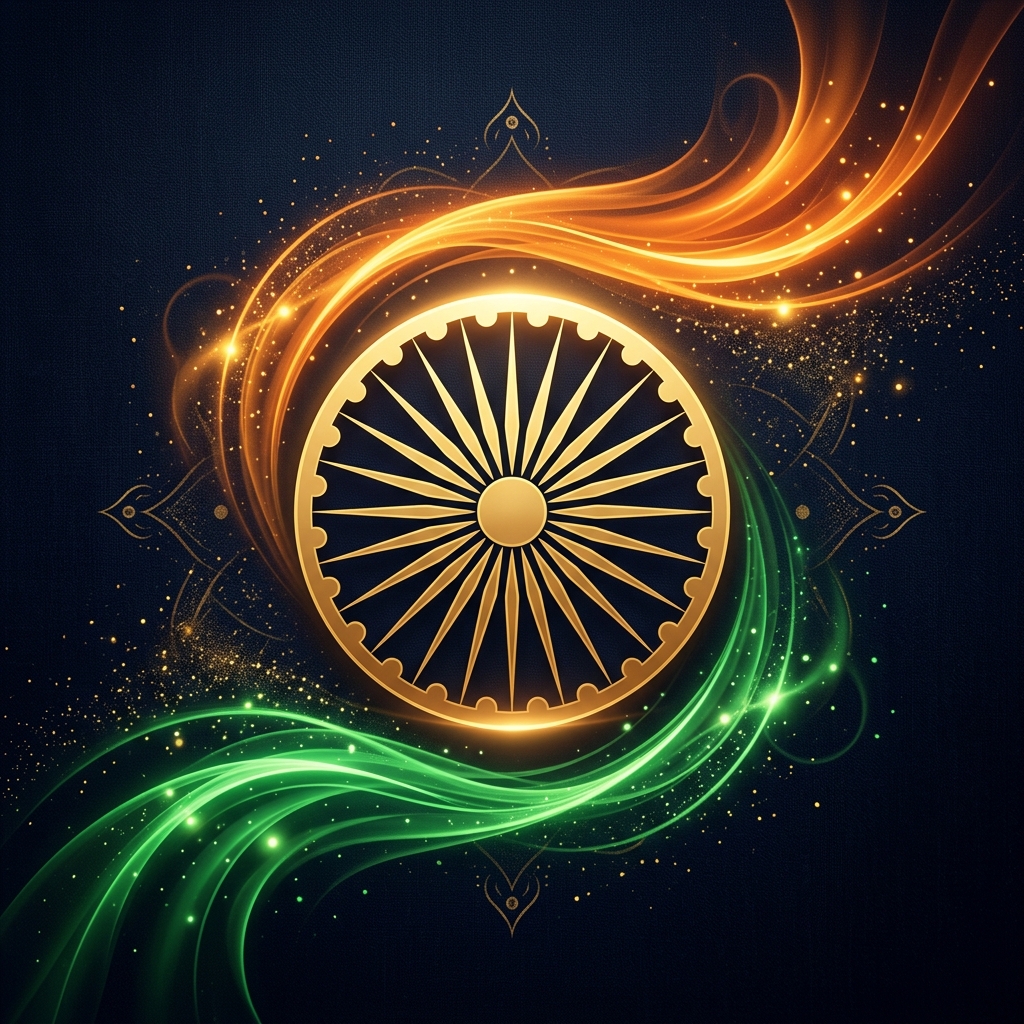 India Independence Day Illustration with Glowing Saffron & Green Trails with Golden Ashoka Chakra